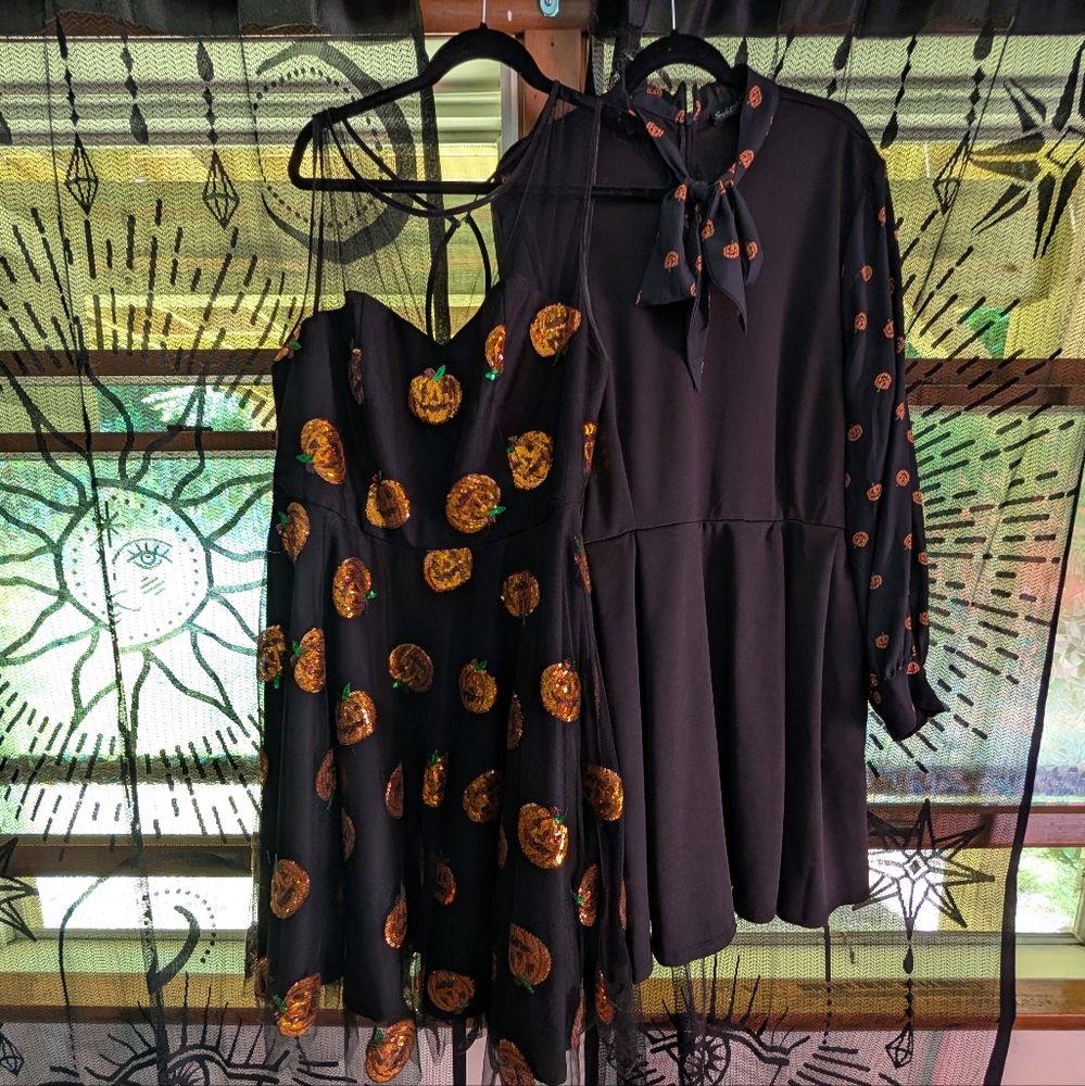 Unique Vintage Black Dress with Orange Sequin Pumpkins Sleeveless Dress ONLY